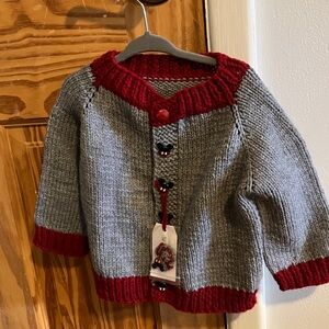 Charming Gray and Red Handmade Kids 12-18 months Knit Sweater